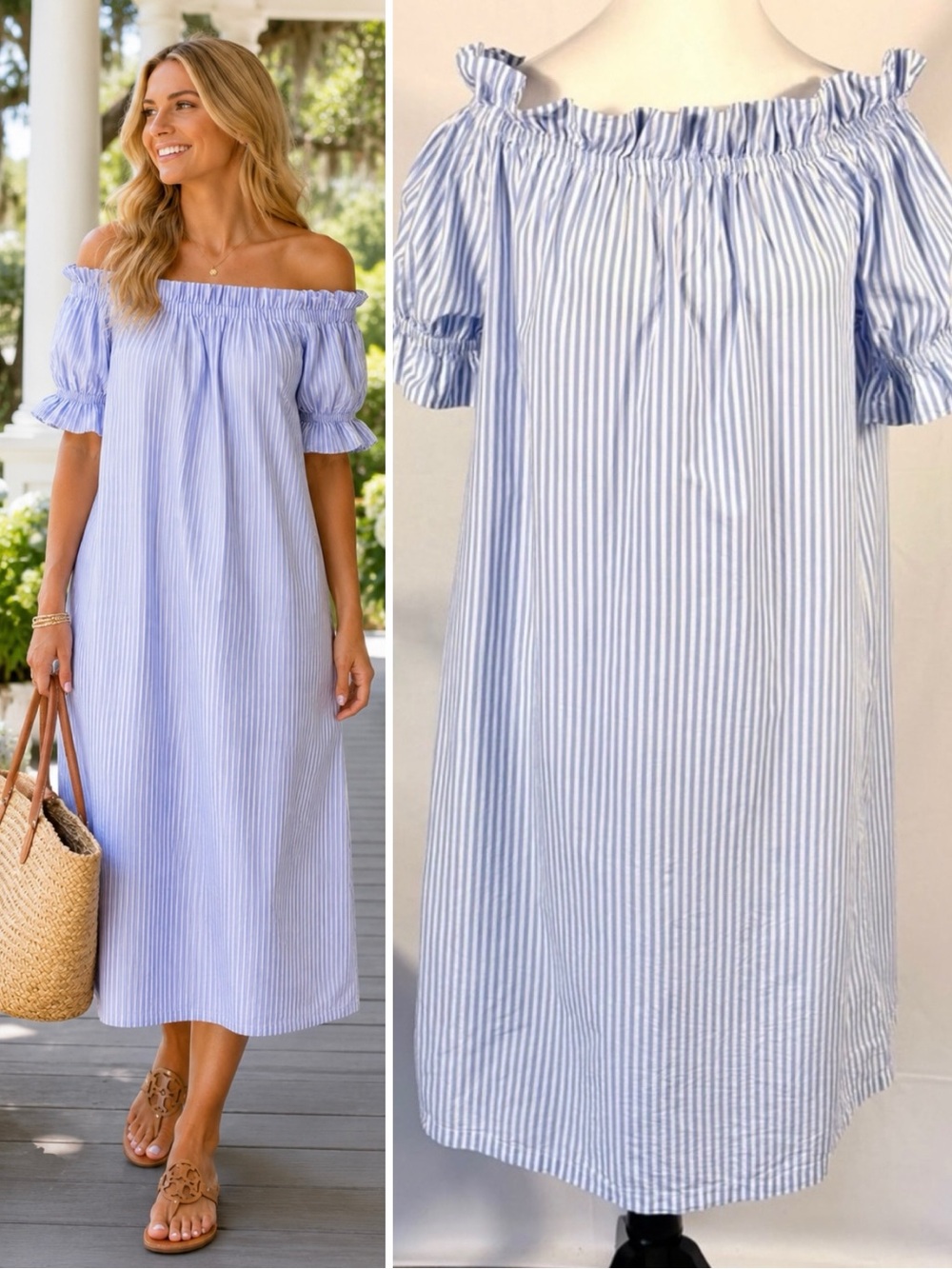 H&M Blue White Stripe Off Shoulder Dress Cotton Poplin Midi Coastal Preppy~XS💚